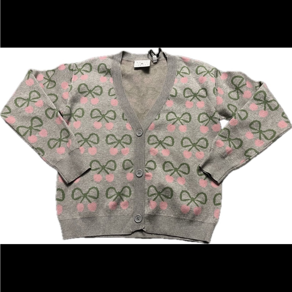 Gray V-Neck Button Cardigan Sweater with Pink & Green Bow Pattern